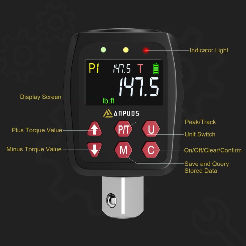 ANPUDS 1/2"" Digital Torque Adapter  7.4-147.5 Ft-lb/10-200 Nm  Digital Torque Wrench Converter with 1% Accuracy  Preset Value  Data Storage  Buzzer & LED Indicators  3/8'' & 1/4'' Adapters for Car - Image 2